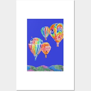 Hot Air Balloon Watercolor Painting on Navy Blue Balloons Posters and Art